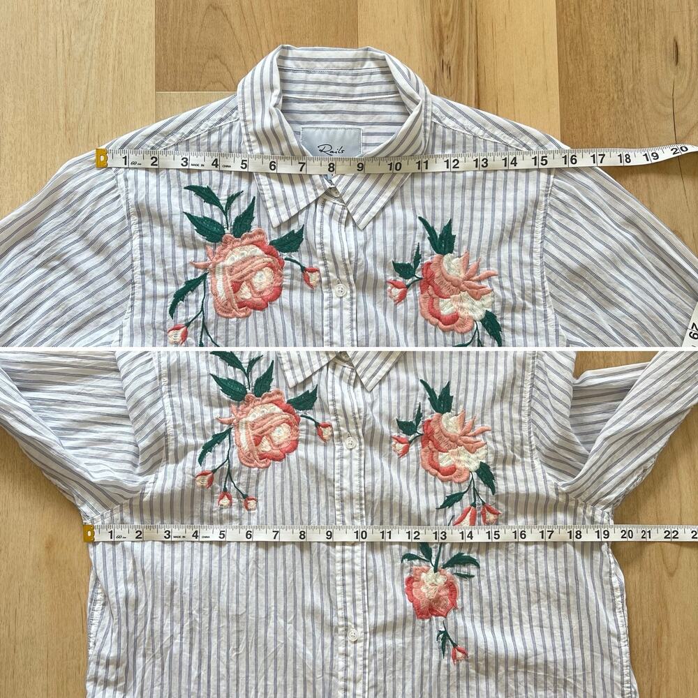 Rails Nevin Long Sleeve Button Down Shirt Pink Floral Embroidered Stripe Medium - Picture 14 of 16